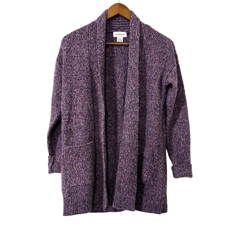 Liz Claiborne Purple Speckled Shawl Cardigan Small Knit Cozy Core Cottage‎